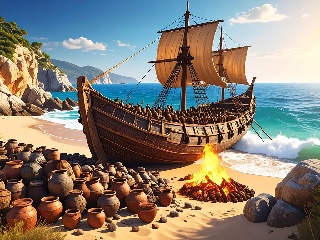 Bronze Age Economies in the Mediterranean: Trade Without Coins - Myceanean cargo ship on beach - AI generated